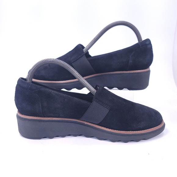 Clarks Sharon Tori Loafers Shoes 8 M Black Wedge Slip On Leather Suede - Picture 7 of 11